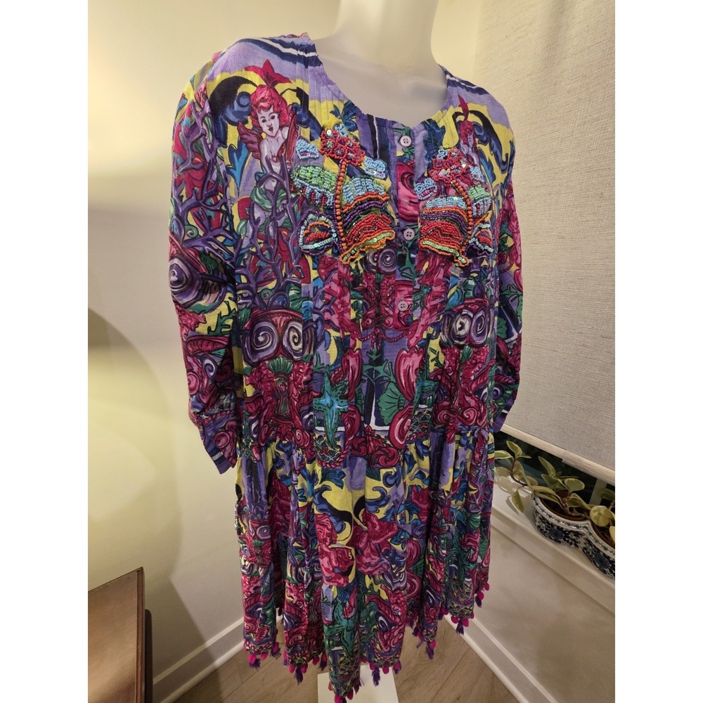 ANTICA SARTORIA NWT PURPLE PINK & YELLOW CHERUB PRINT SHORT DRESS OS Resort - Picture 9 of 16